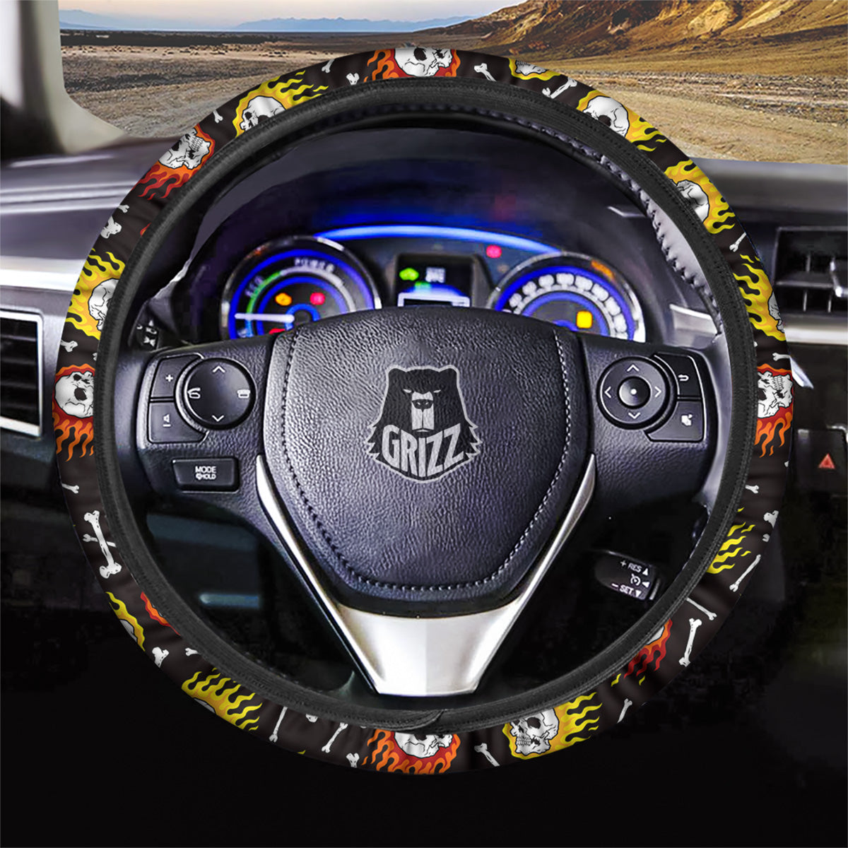 Flaming Skulls And Bone Print Pattern Car Steering Wheel Cover-grizzshop