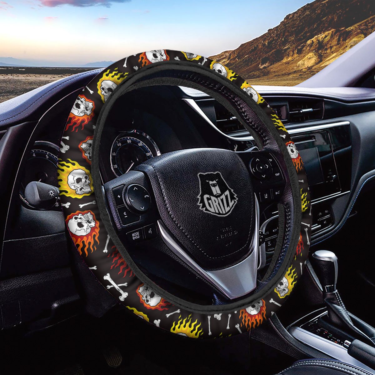 Flaming Skulls And Bone Print Pattern Car Steering Wheel Cover-grizzshop