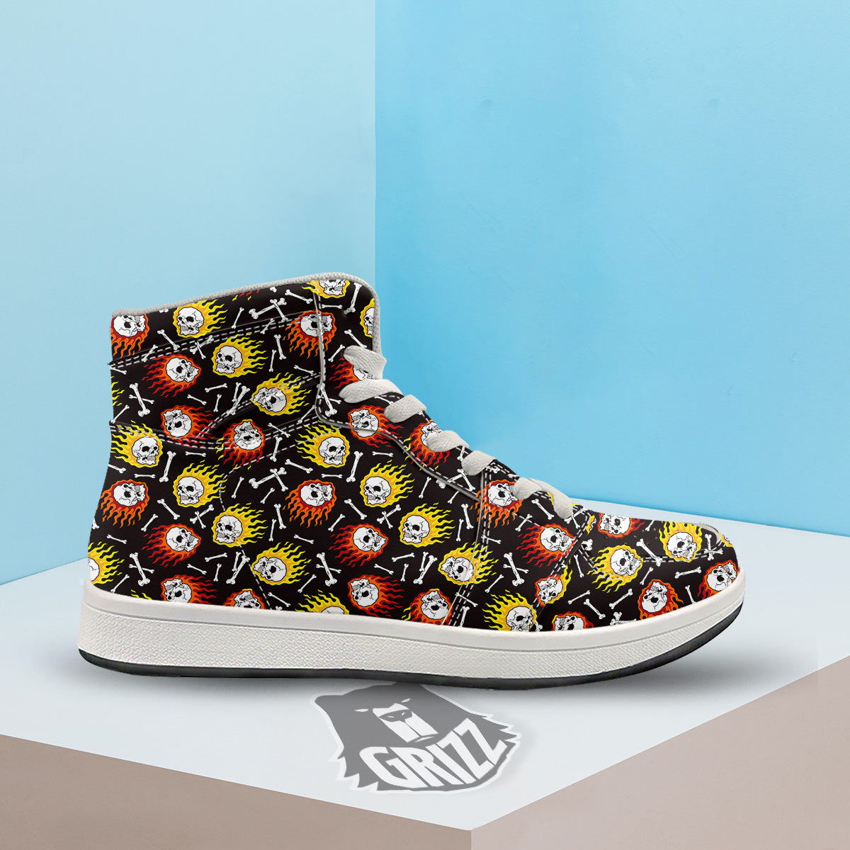 Flaming Skulls And Bone Print Pattern High Top Sneakers-grizzshop