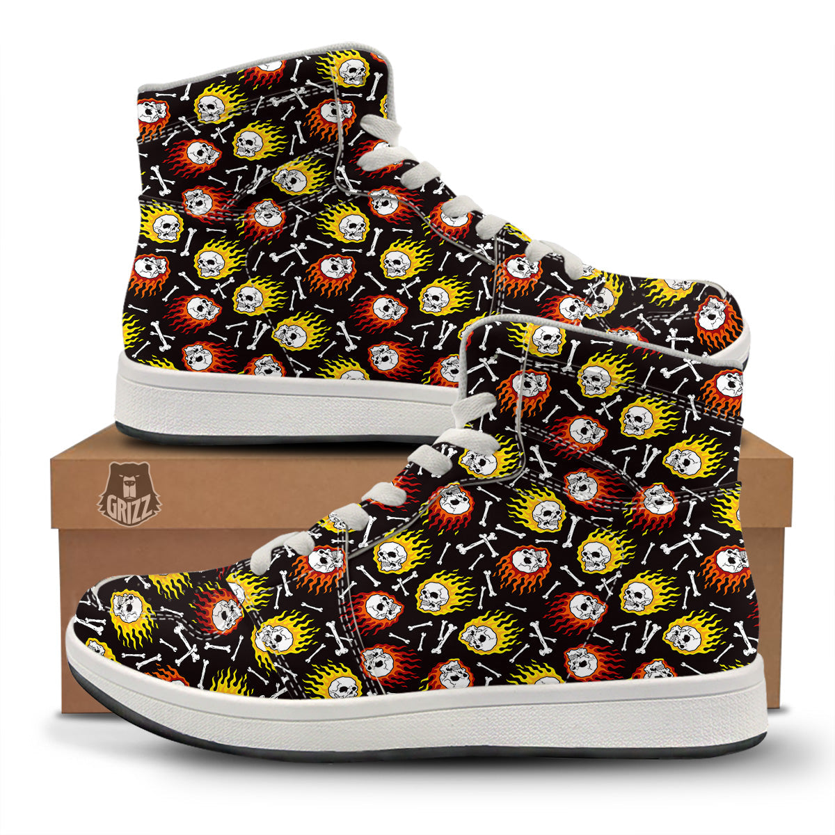 Flaming Skulls And Bone Print Pattern High Top Sneakers-grizzshop