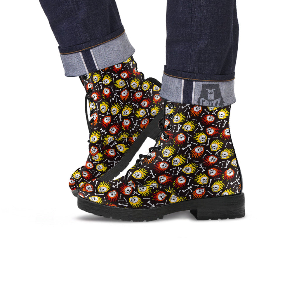 Flaming Skulls And Bone Print Pattern Leather Boots-grizzshop