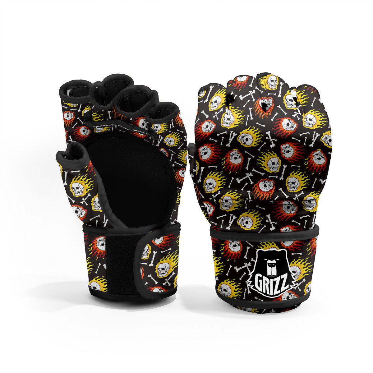 Flaming Skulls And Bone Print Pattern MMA Gloves-grizzshop