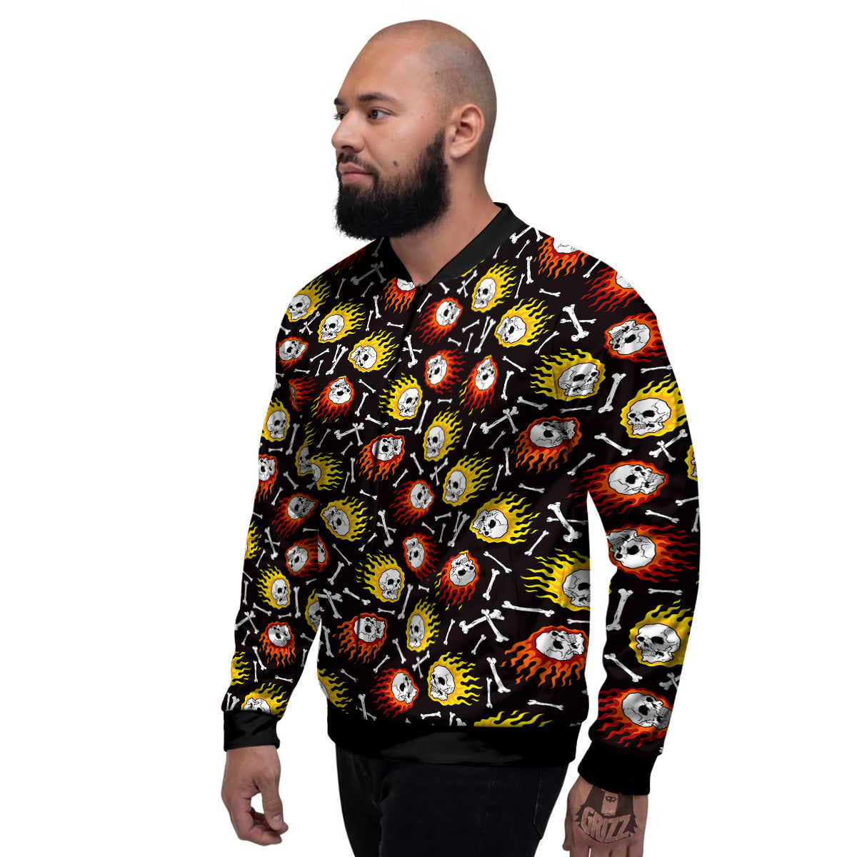 Flaming Skulls And Bone Print Pattern Men's Bomber Jacket-grizzshop