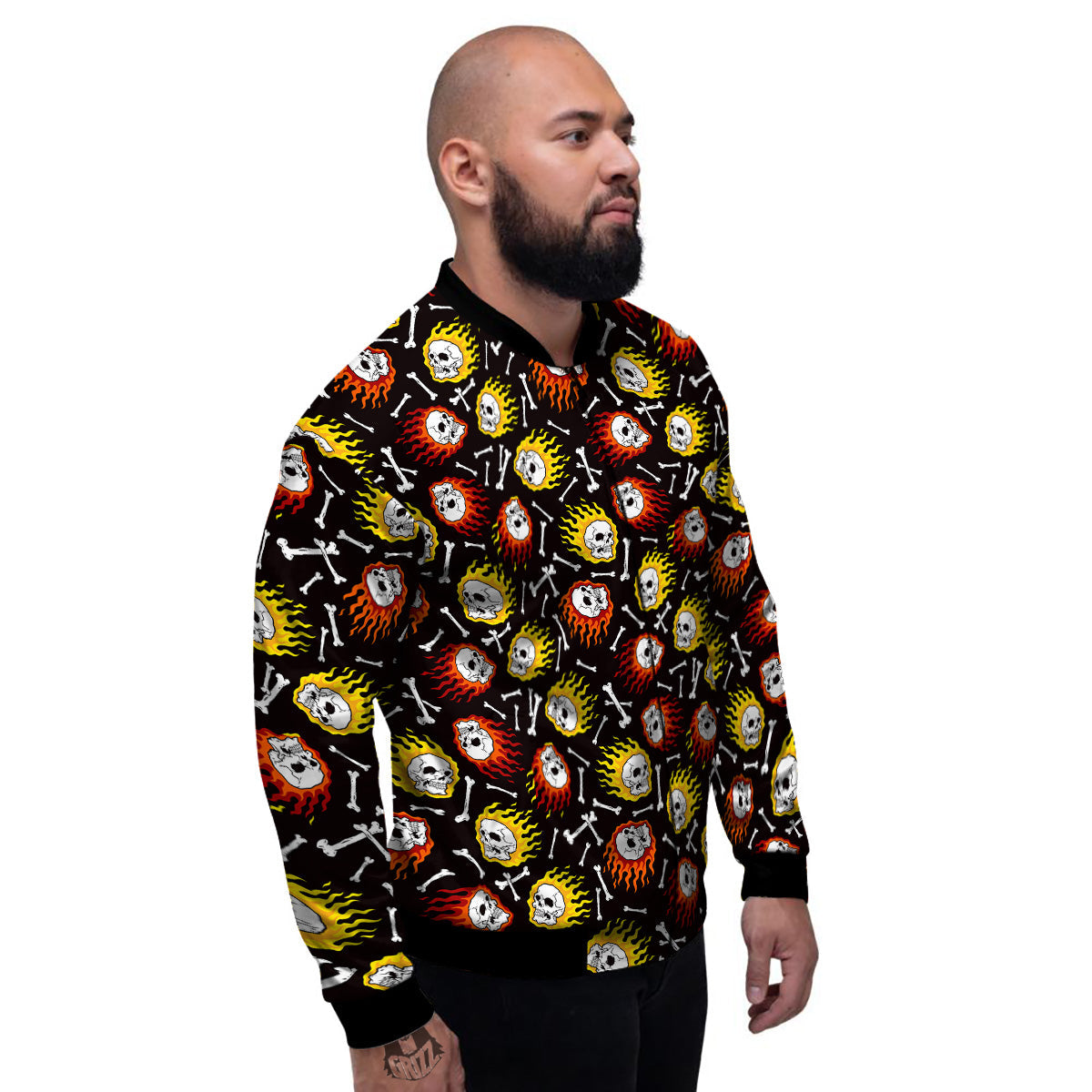 Flaming Skulls And Bone Print Pattern Men's Bomber Jacket-grizzshop