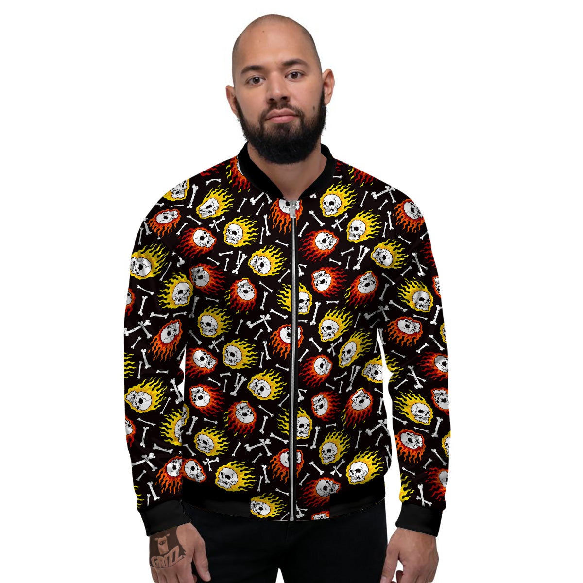 Flaming Skulls And Bone Print Pattern Men's Bomber Jacket-grizzshop