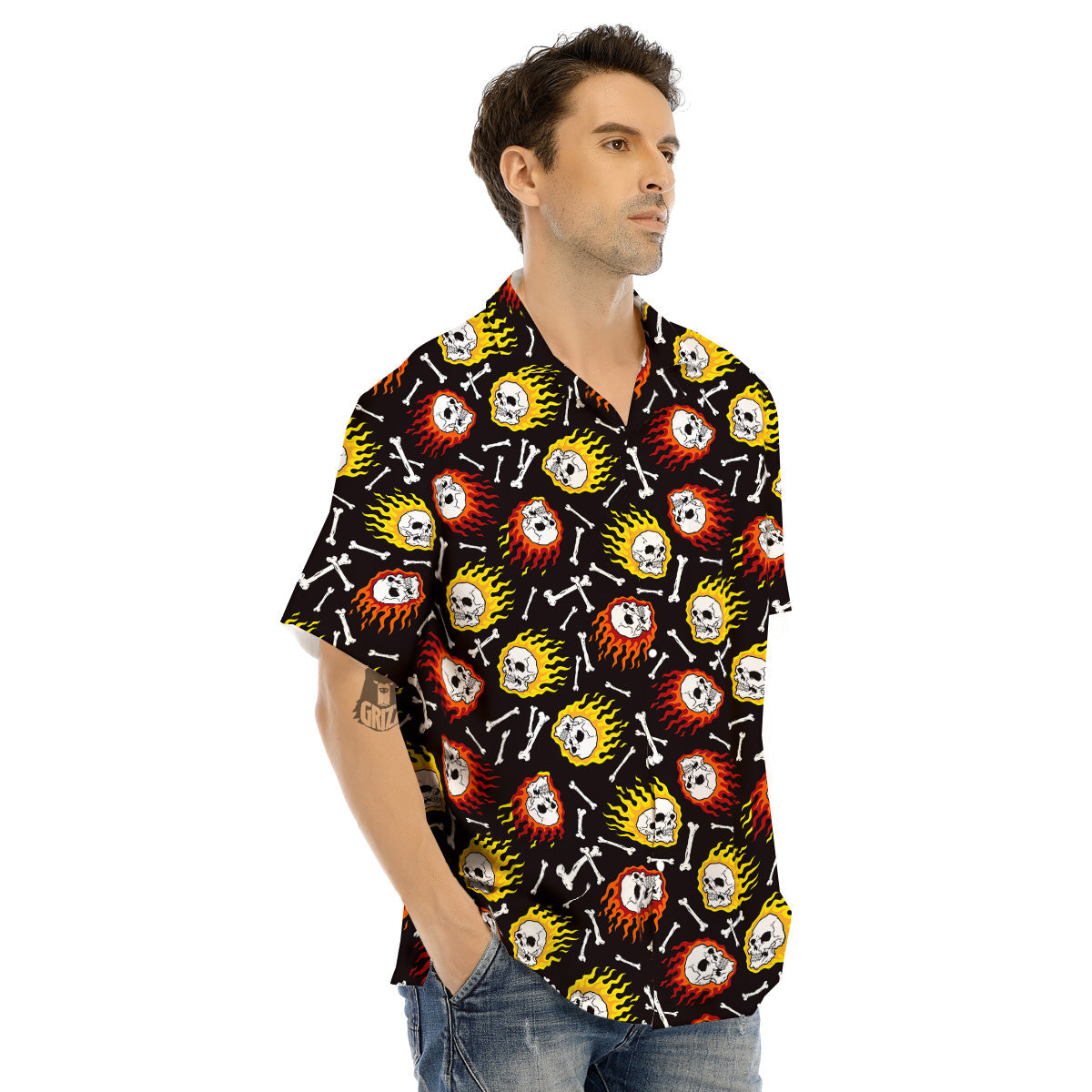 Flaming Skulls And Bone Print Pattern Men's Hawaiian Shirt-grizzshop