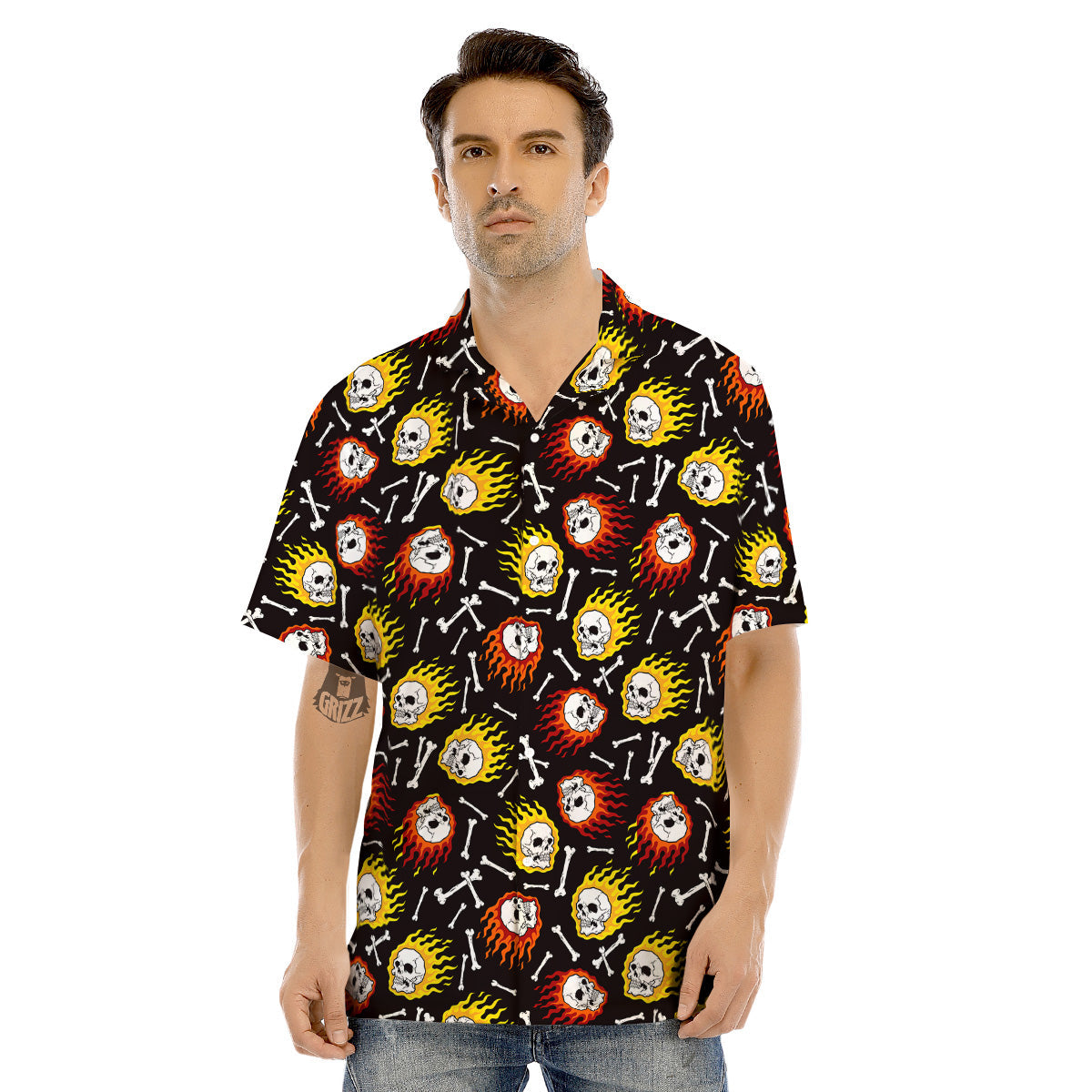 Flaming Skulls And Bone Print Pattern Men's Hawaiian Shirt-grizzshop