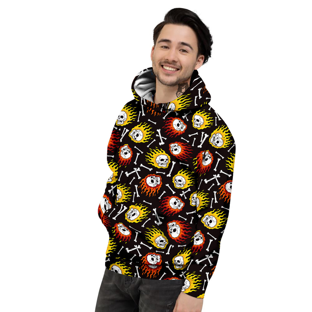 Flaming Skulls And Bone Print Pattern Men's Hoodie-grizzshop