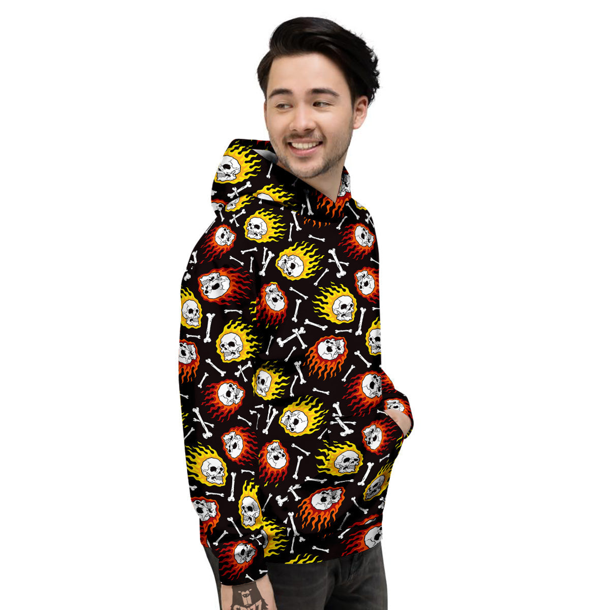 Flaming Skulls And Bone Print Pattern Men's Hoodie-grizzshop