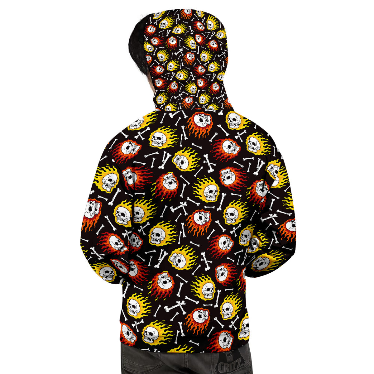 Flaming Skulls And Bone Print Pattern Men's Hoodie-grizzshop