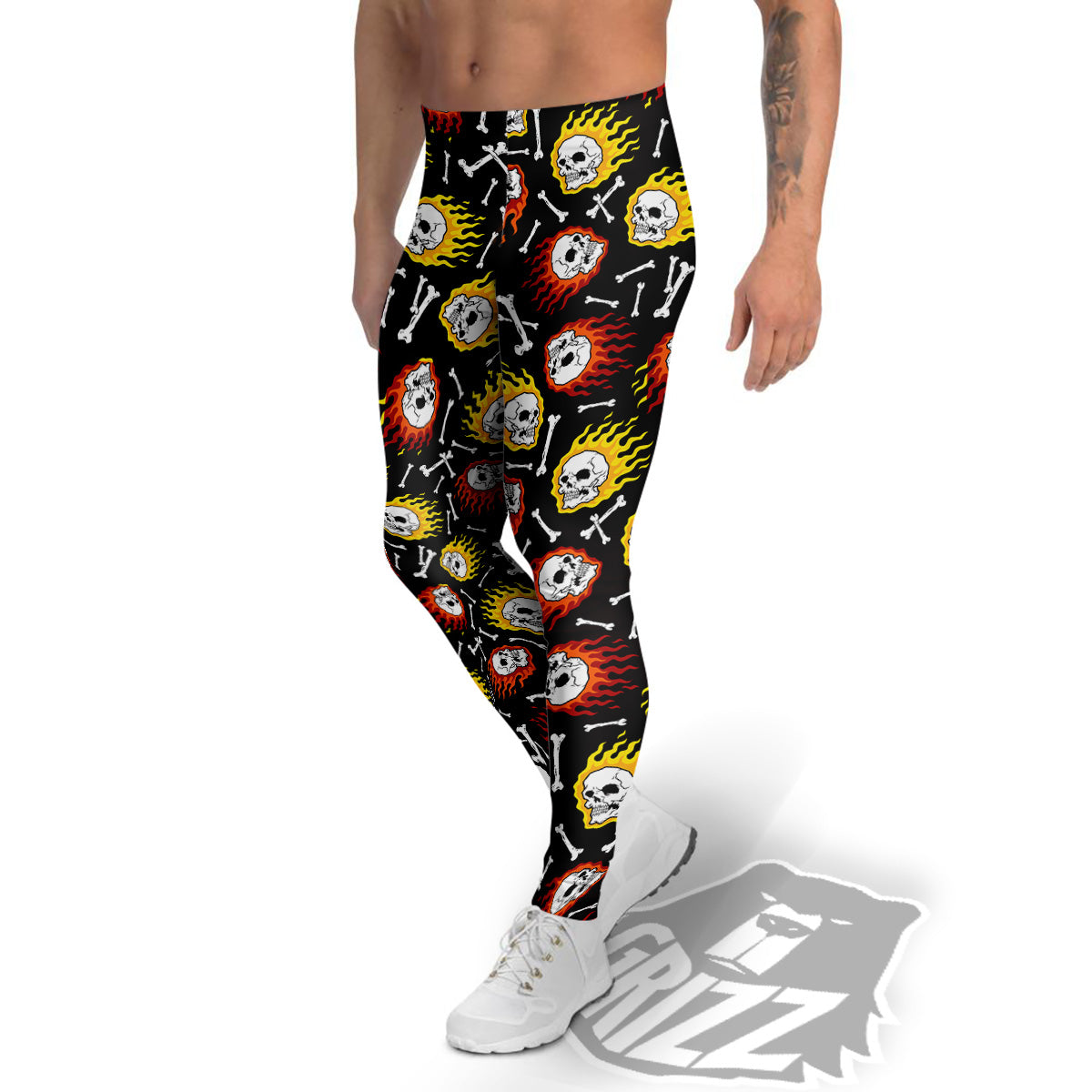 Flaming Skulls And Bone Print Pattern Men's Leggings-grizzshop