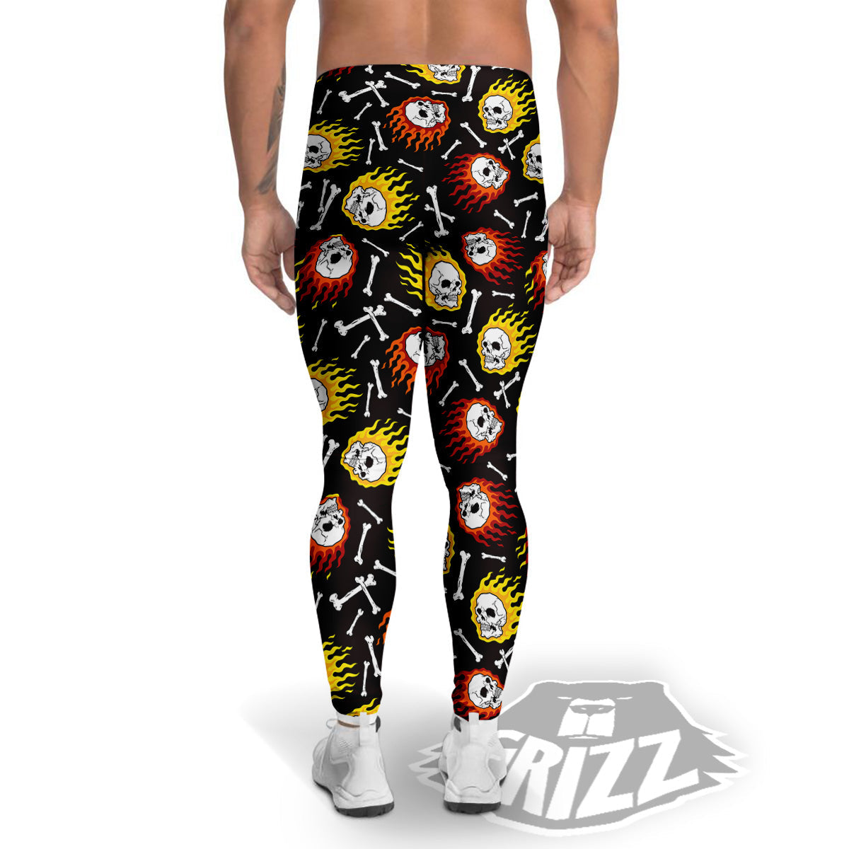 Flaming Skulls And Bone Print Pattern Men's Leggings-grizzshop