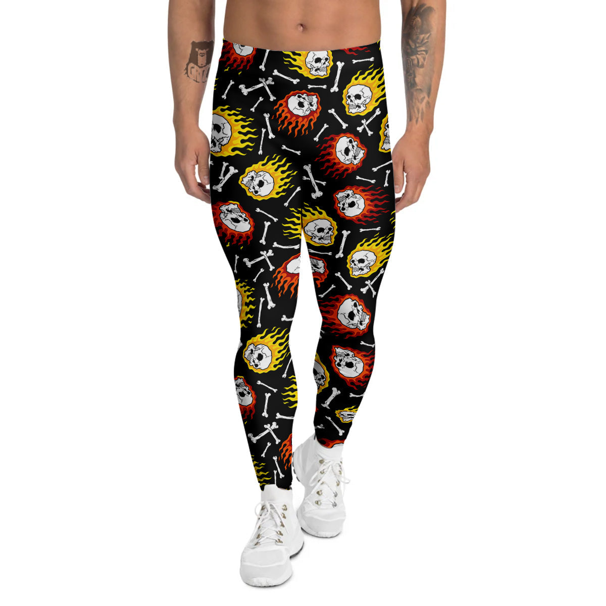 Flaming Skulls And Bone Print Pattern Men's Leggings-grizzshop