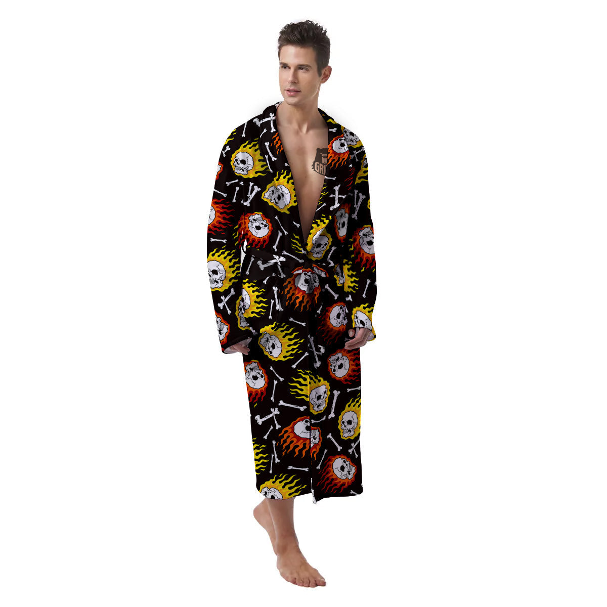 Flaming Skulls And Bone Print Pattern Men's Robe-grizzshop