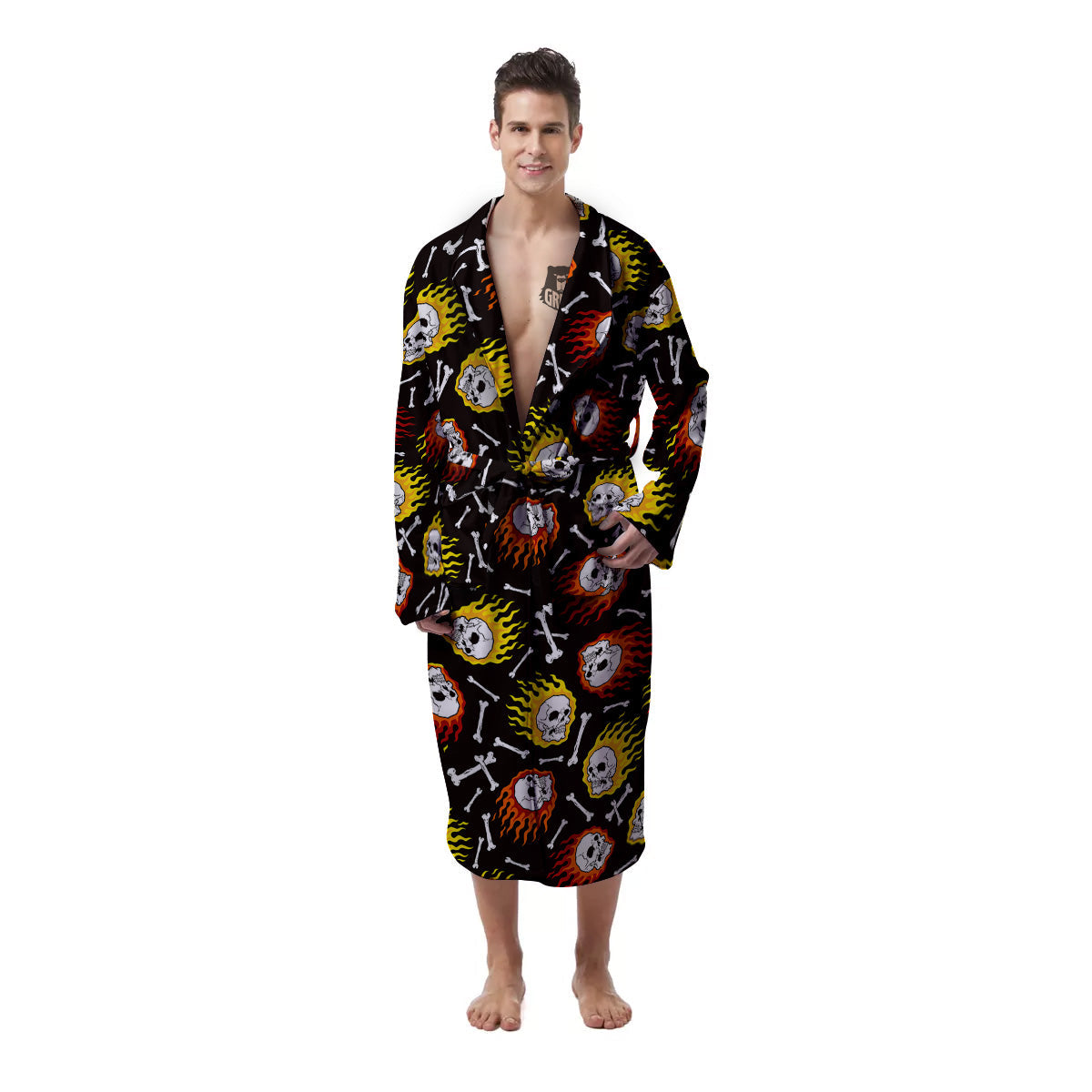 Flaming Skulls And Bone Print Pattern Men's Robe-grizzshop