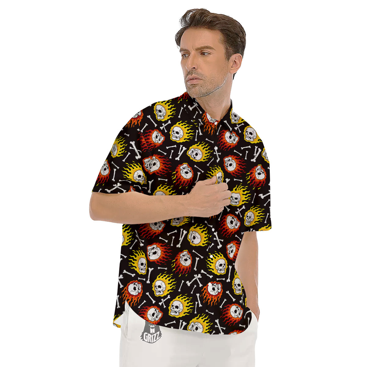 Flaming Skulls And Bone Print Pattern Men's Short Sleeve Shirts-grizzshop