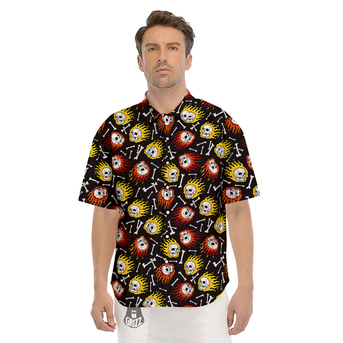 Flaming Skulls And Bone Print Pattern Men's Short Sleeve Shirts-grizzshop