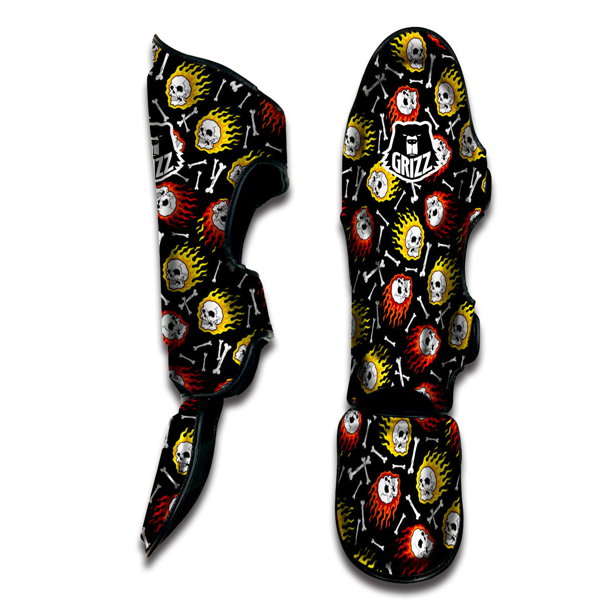 Flaming Skulls And Bone Print Pattern Muay Thai Shin Guards-grizzshop