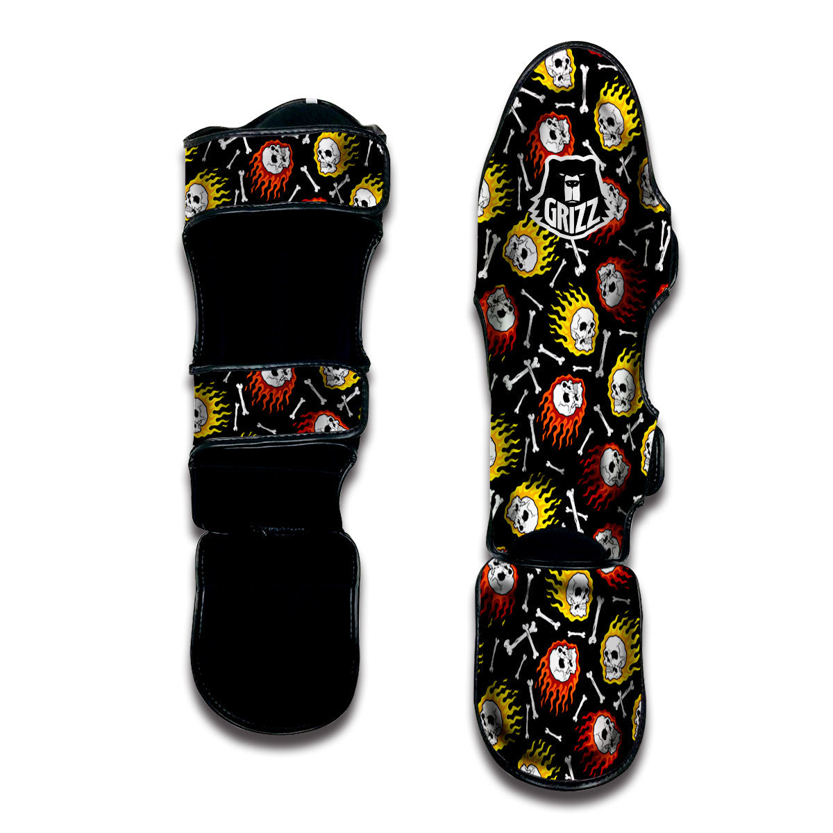 Flaming Skulls And Bone Print Pattern Muay Thai Shin Guards-grizzshop