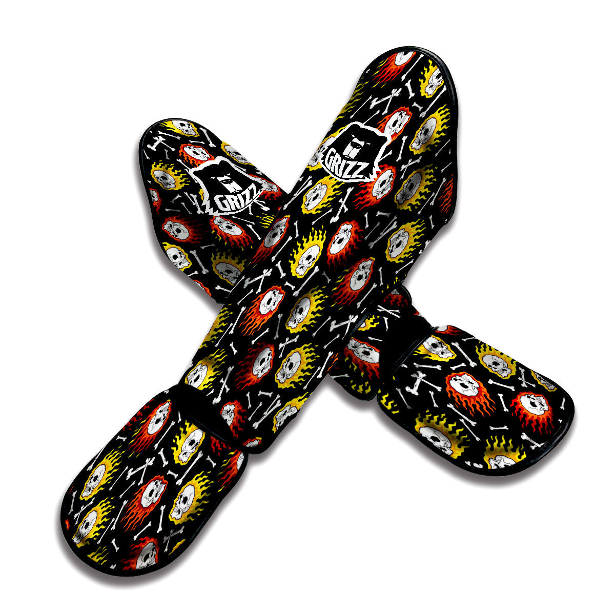 Flaming Skulls And Bone Print Pattern Muay Thai Shin Guards-grizzshop
