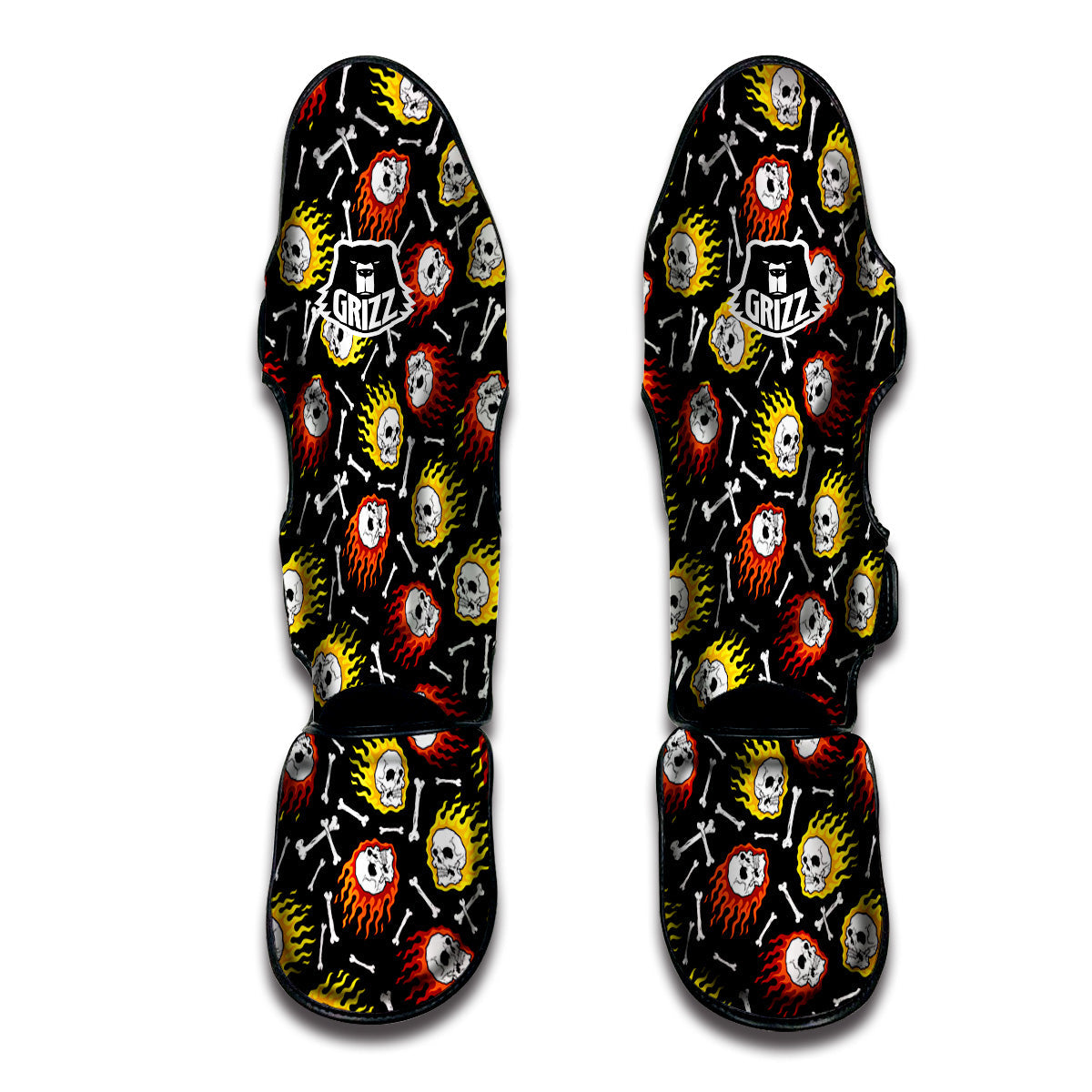 Flaming Skulls And Bone Print Pattern Muay Thai Shin Guards-grizzshop