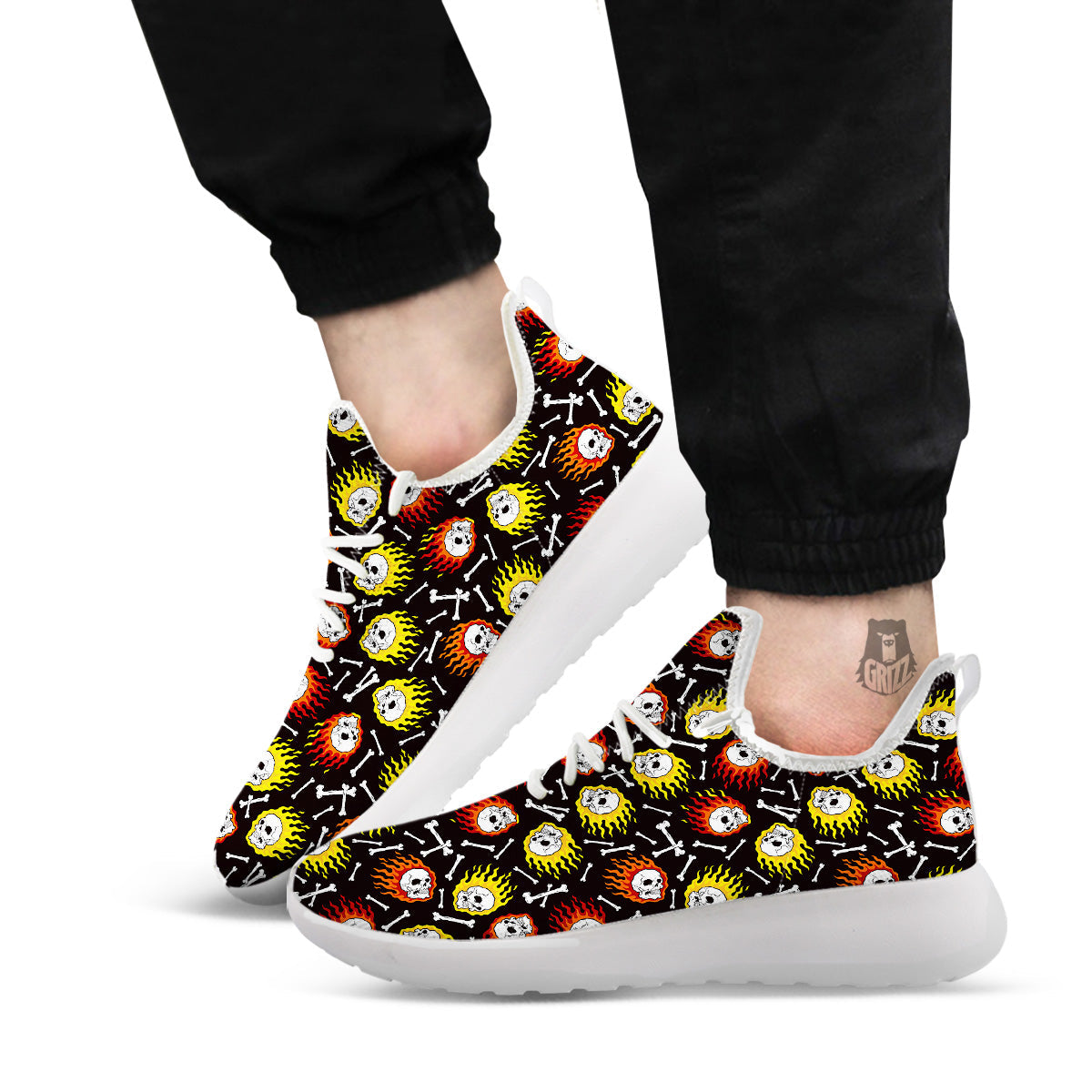 Flaming Skulls And Bone Print Pattern White Athletic Shoes-grizzshop
