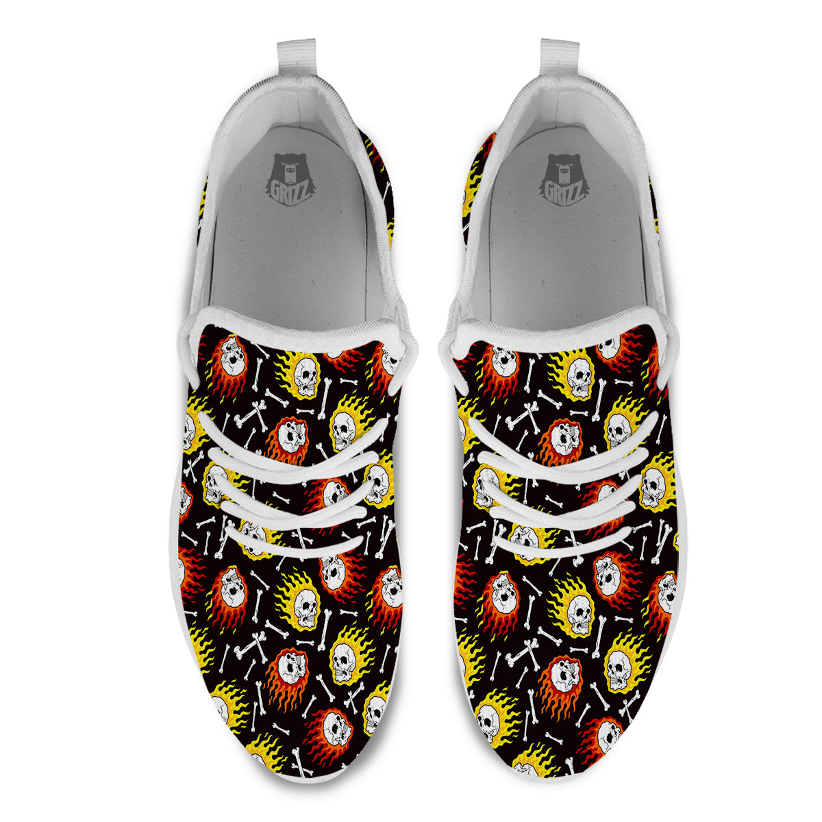 Flaming Skulls And Bone Print Pattern White Athletic Shoes-grizzshop