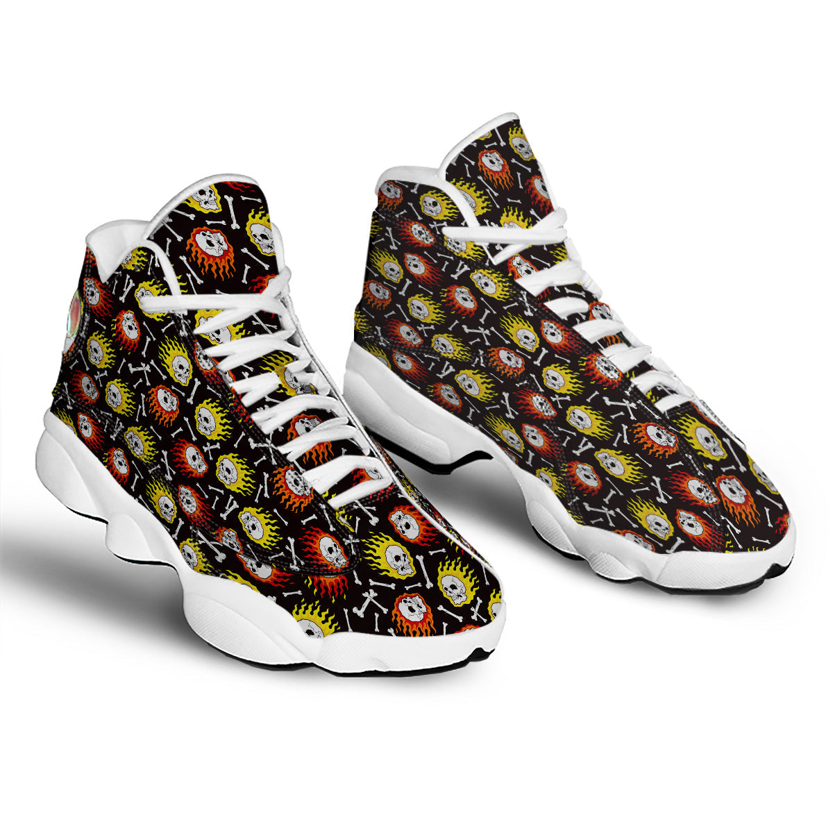 Flaming Skulls And Bone Print Pattern White Basketball Shoes-grizzshop