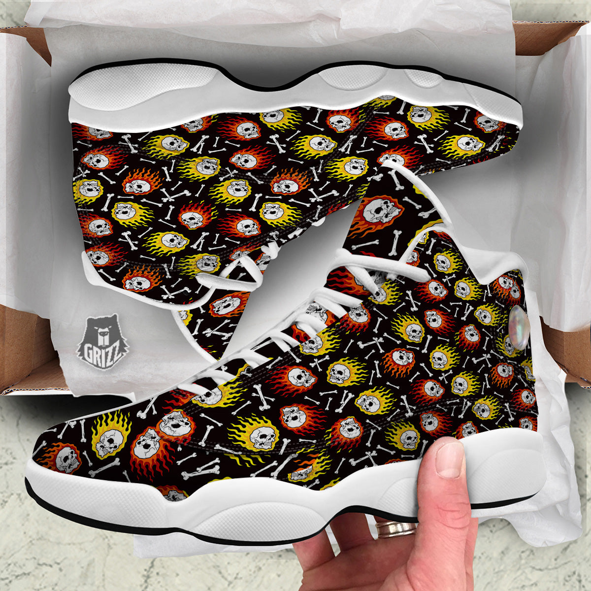 Flaming Skulls And Bone Print Pattern White Basketball Shoes-grizzshop