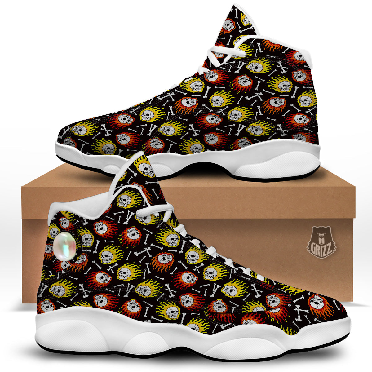 Flaming Skulls And Bone Print Pattern White Basketball Shoes-grizzshop