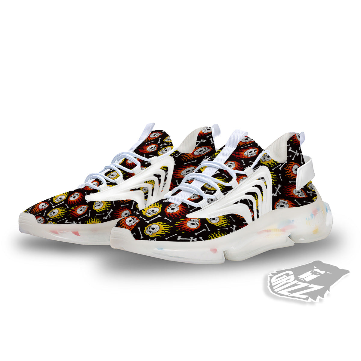 Flaming Skulls And Bone Print Pattern White Gym Shoes-grizzshop