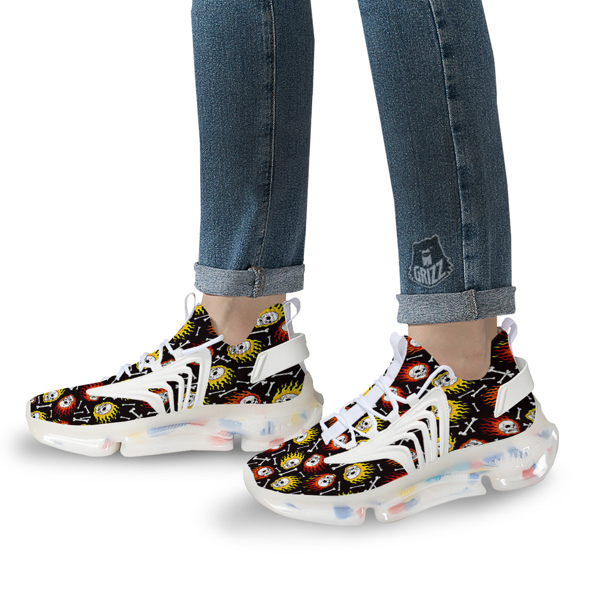 Flaming Skulls And Bone Print Pattern White Gym Shoes-grizzshop