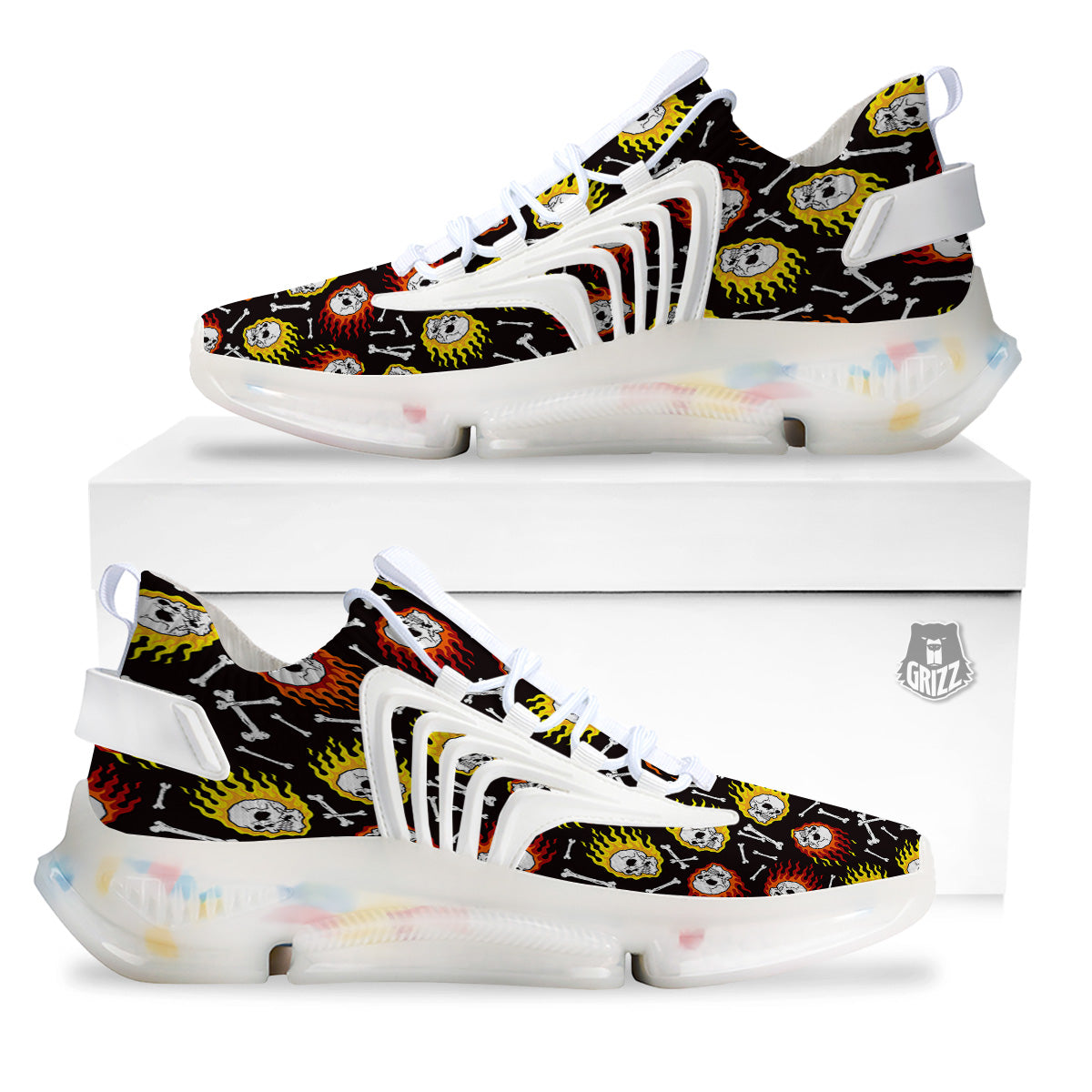Flaming Skulls And Bone Print Pattern White Gym Shoes-grizzshop