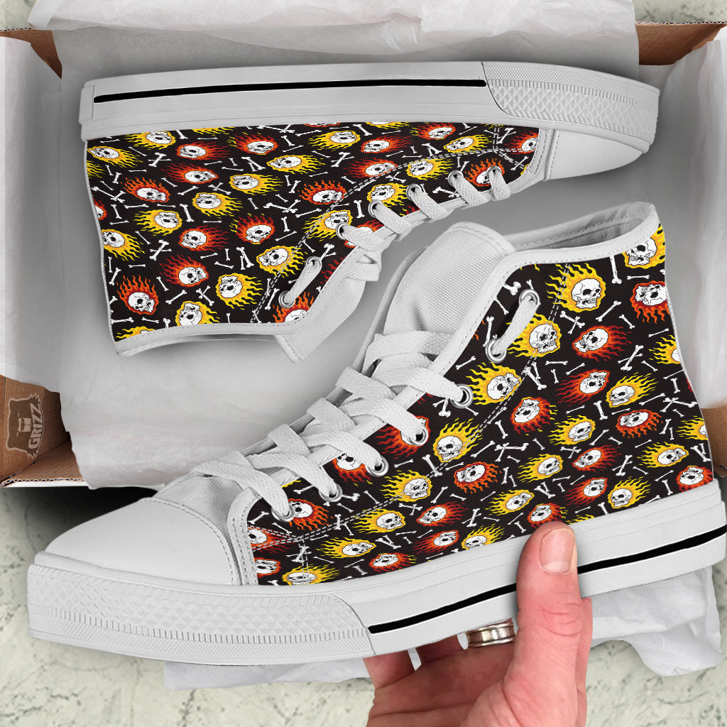 Flaming Skulls And Bone Print Pattern White High Top Shoes-grizzshop