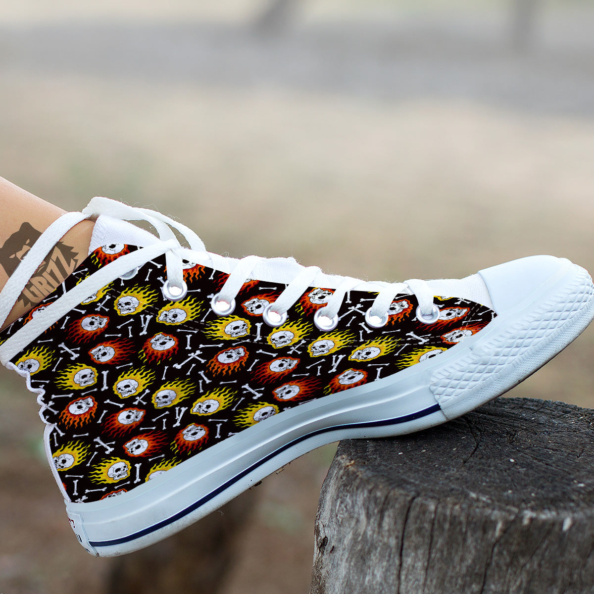 Flaming Skulls And Bone Print Pattern White High Top Shoes-grizzshop