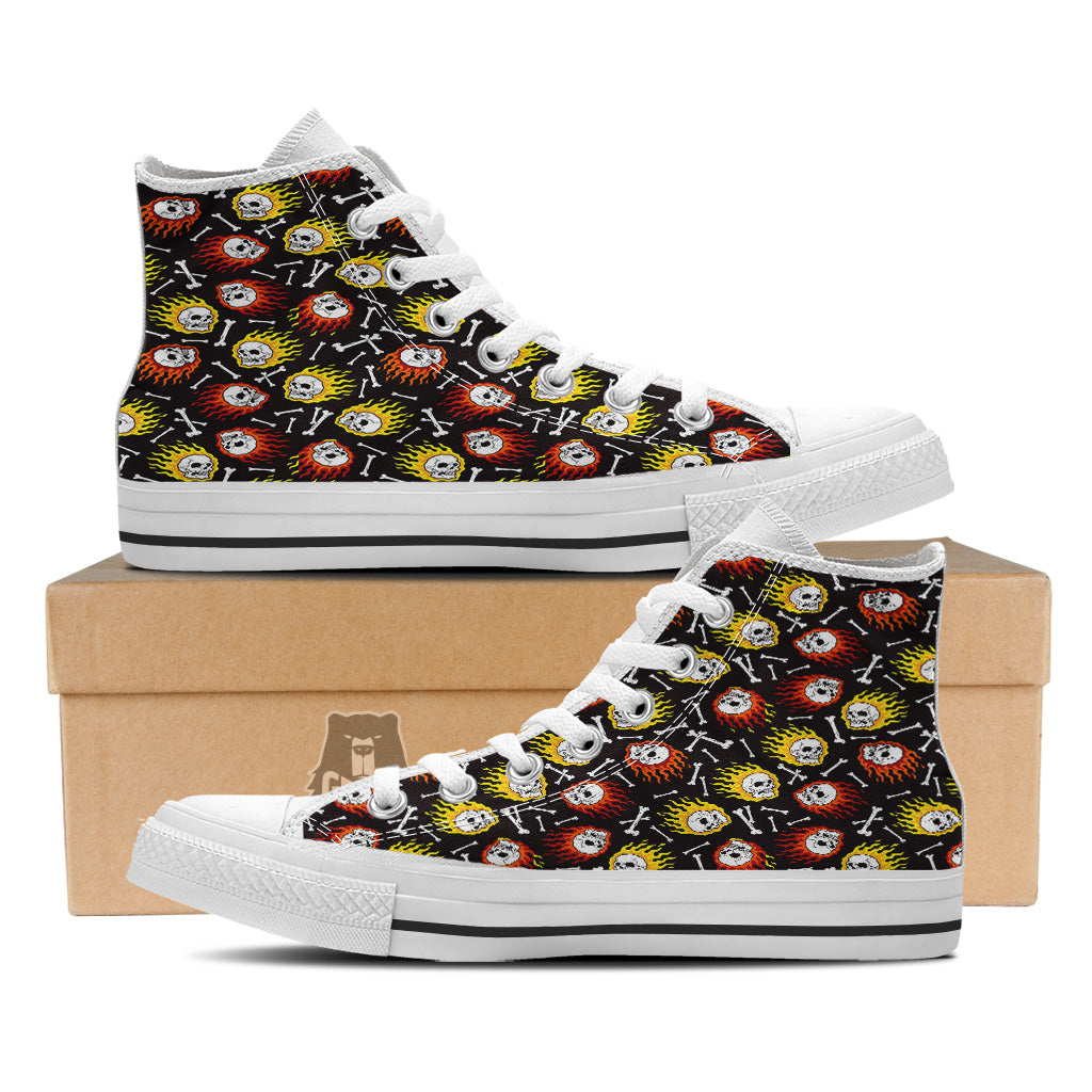 Flaming Skulls And Bone Print Pattern White High Top Shoes-grizzshop