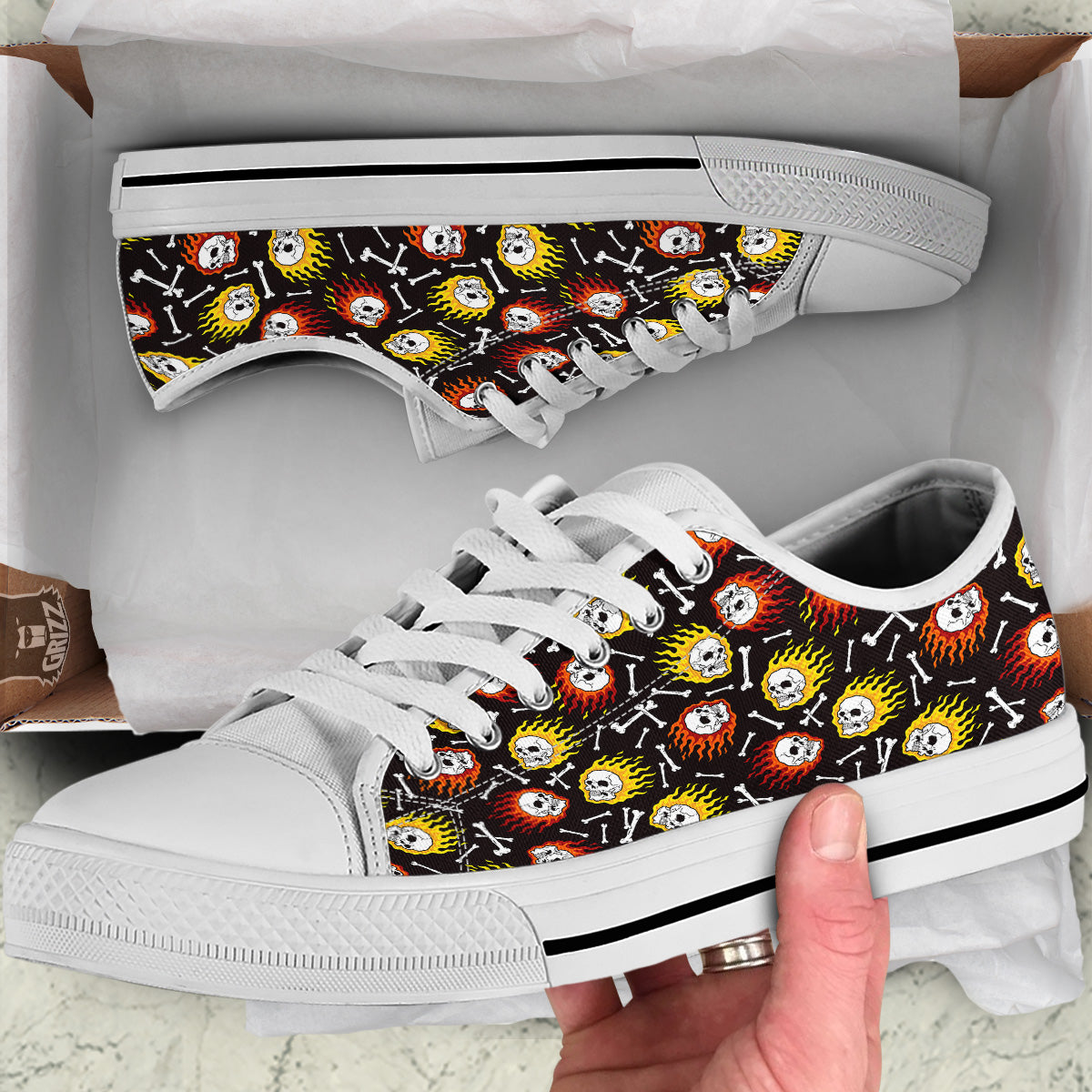 Flaming Skulls And Bone Print Pattern White Low Top Shoes-grizzshop