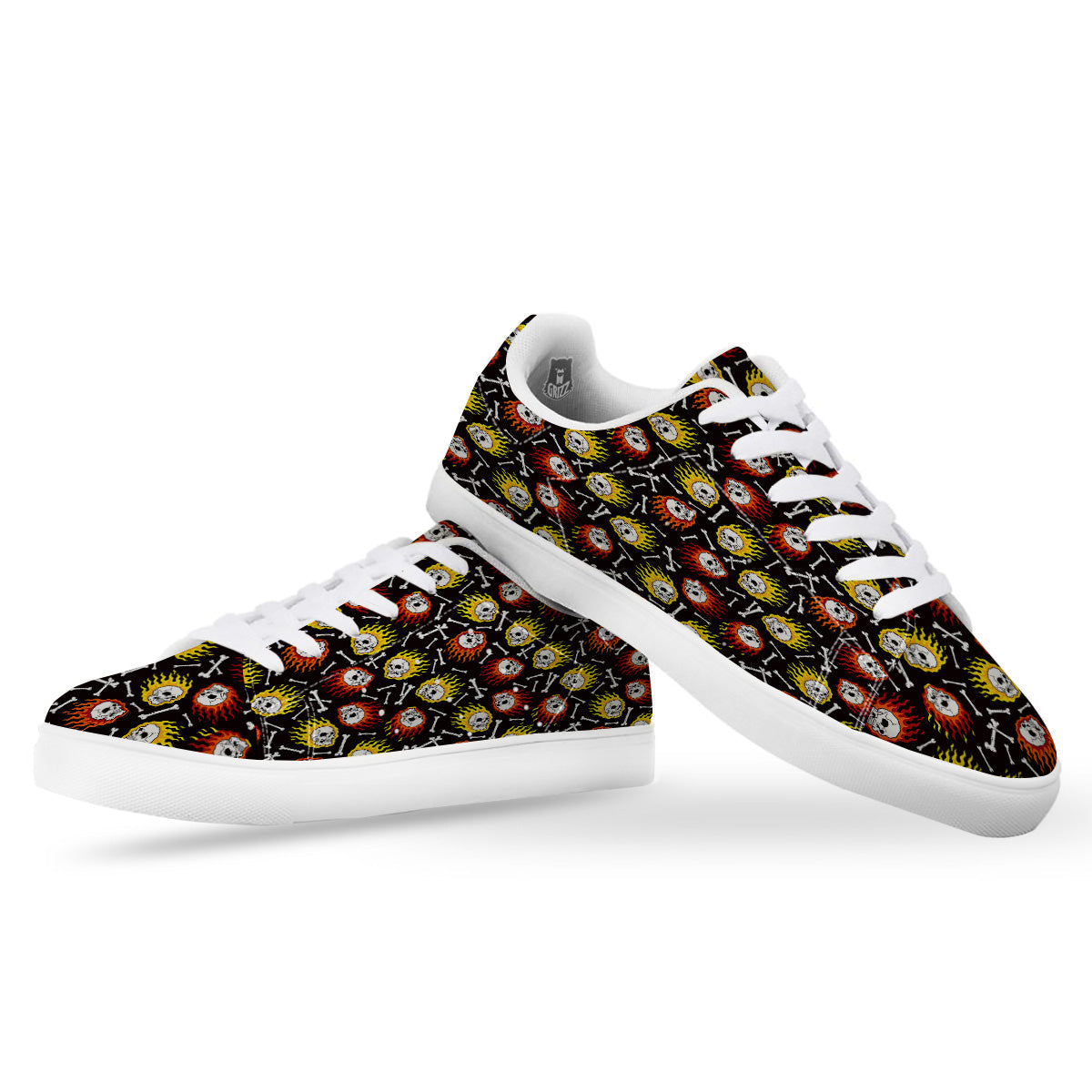 Flaming Skulls And Bone Print Pattern White Low Top Sneakers-grizzshop