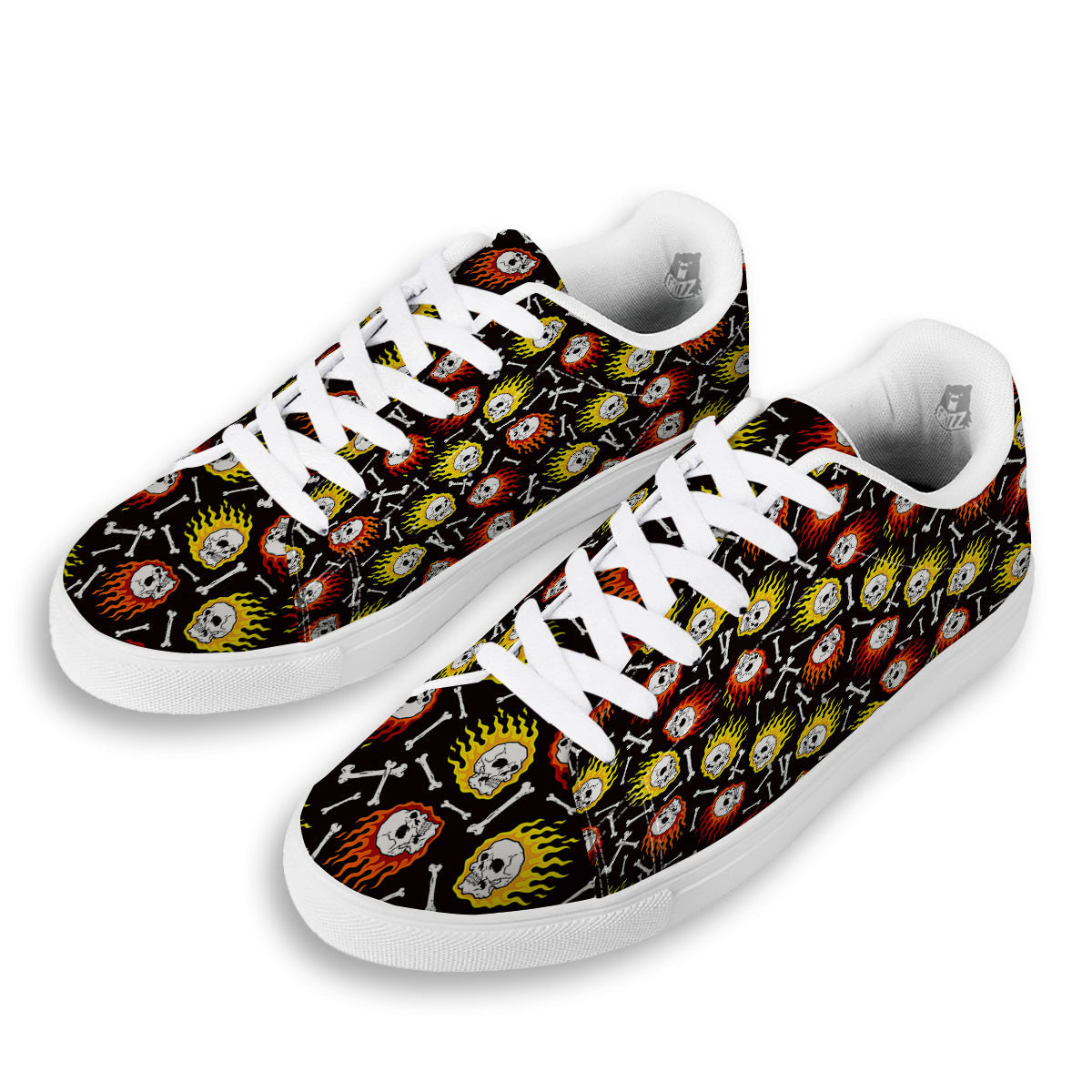 Flaming Skulls And Bone Print Pattern White Low Top Sneakers-grizzshop