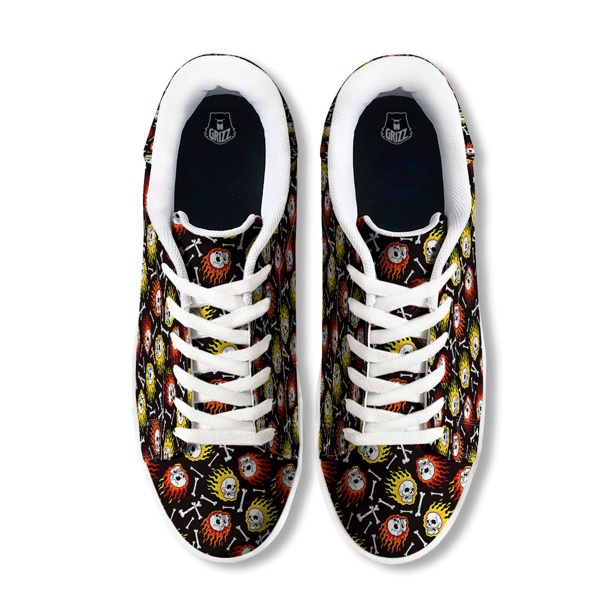 Flaming Skulls And Bone Print Pattern White Low Top Sneakers-grizzshop