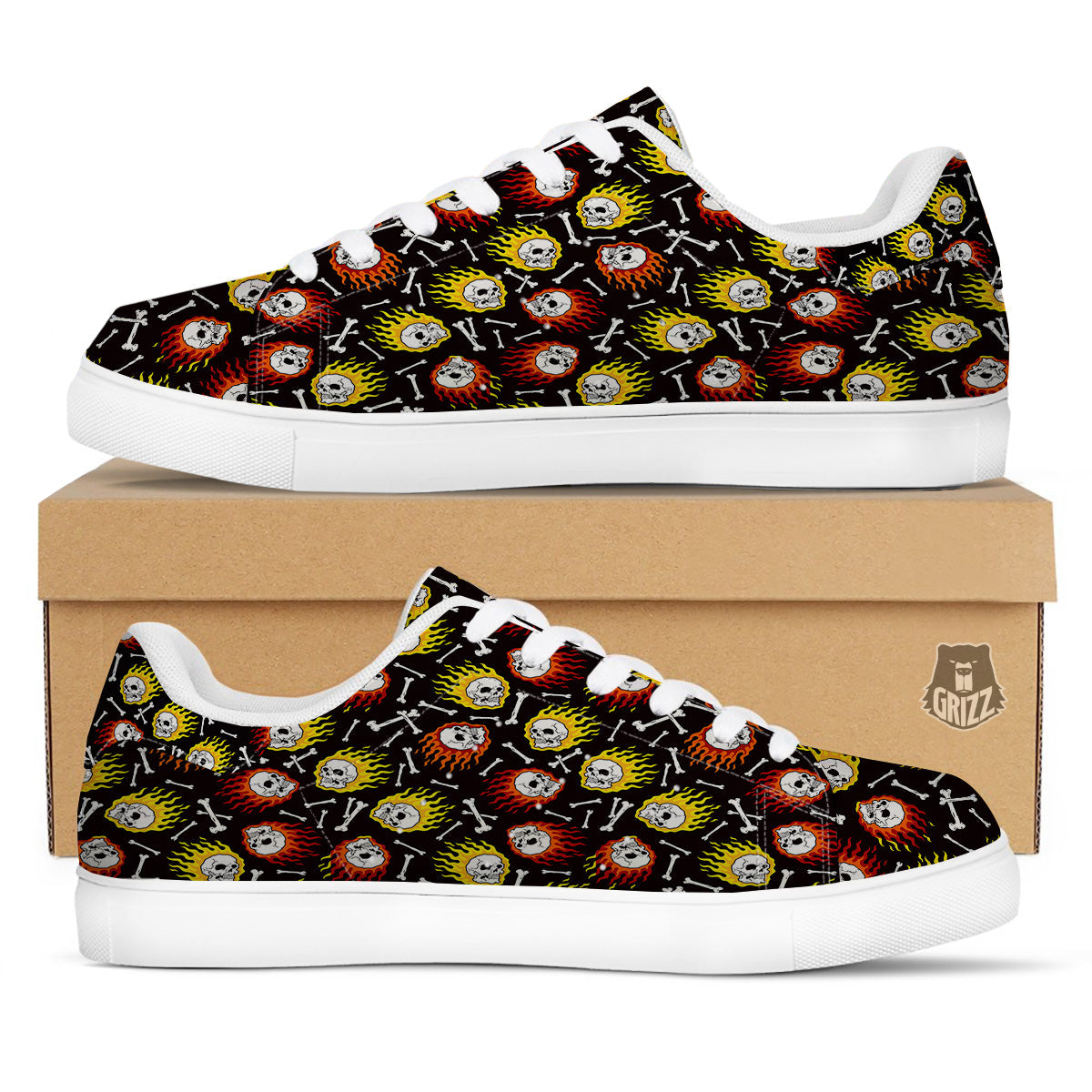 Flaming Skulls And Bone Print Pattern White Low Top Sneakers-grizzshop