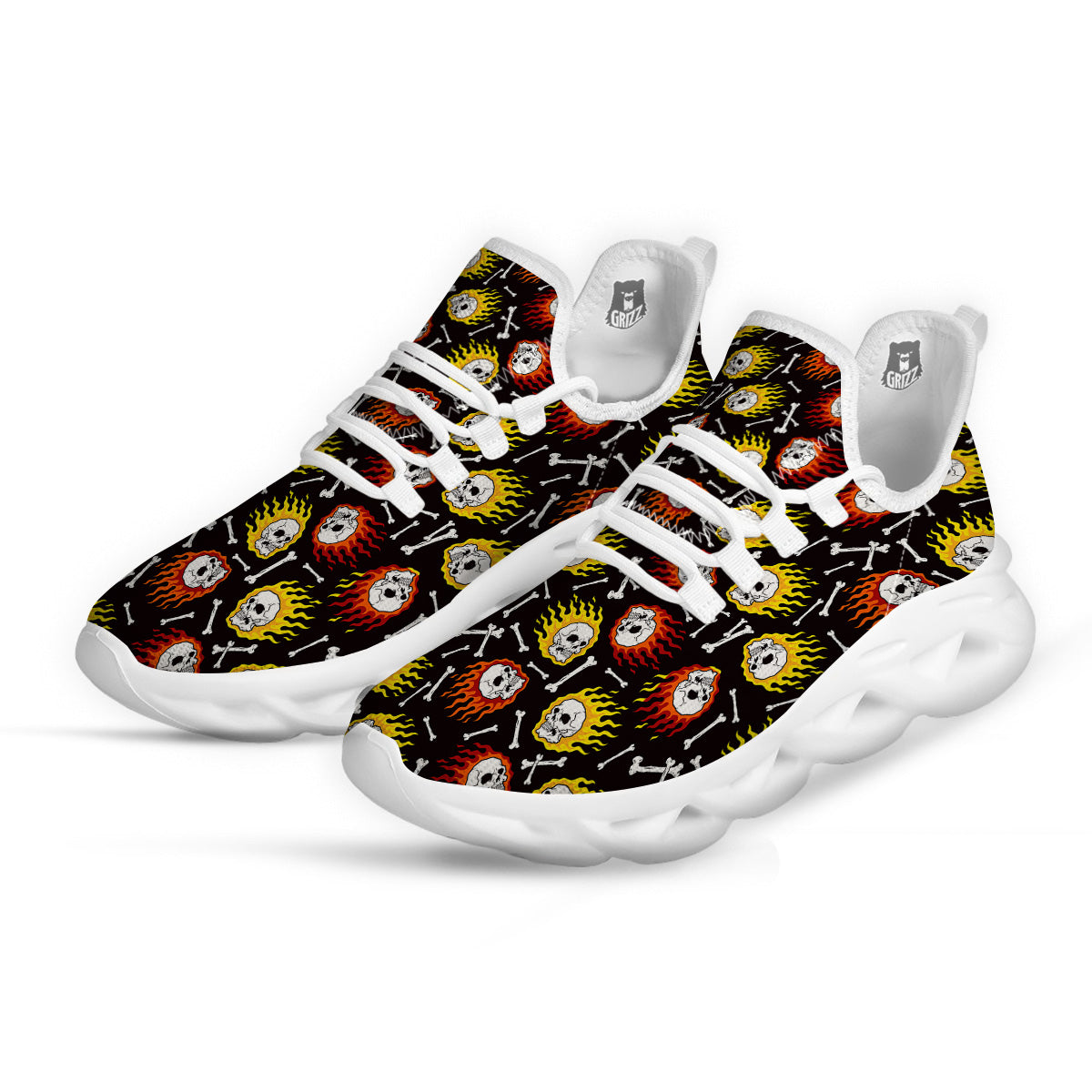 Flaming Skulls And Bone Print Pattern White Running Shoes-grizzshop