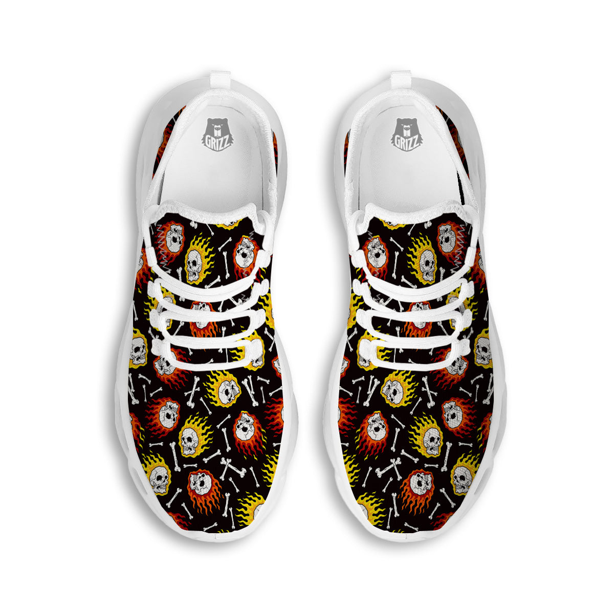 Flaming Skulls And Bone Print Pattern White Running Shoes-grizzshop