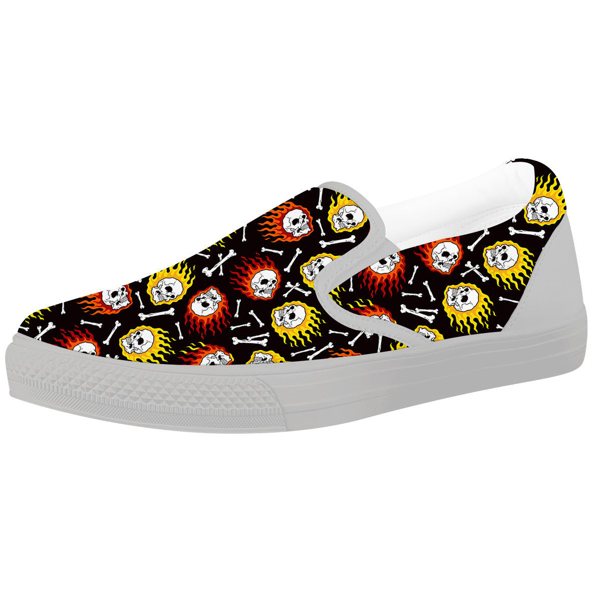 Flaming Skulls And Bone Print Pattern White Slip On Shoes-grizzshop