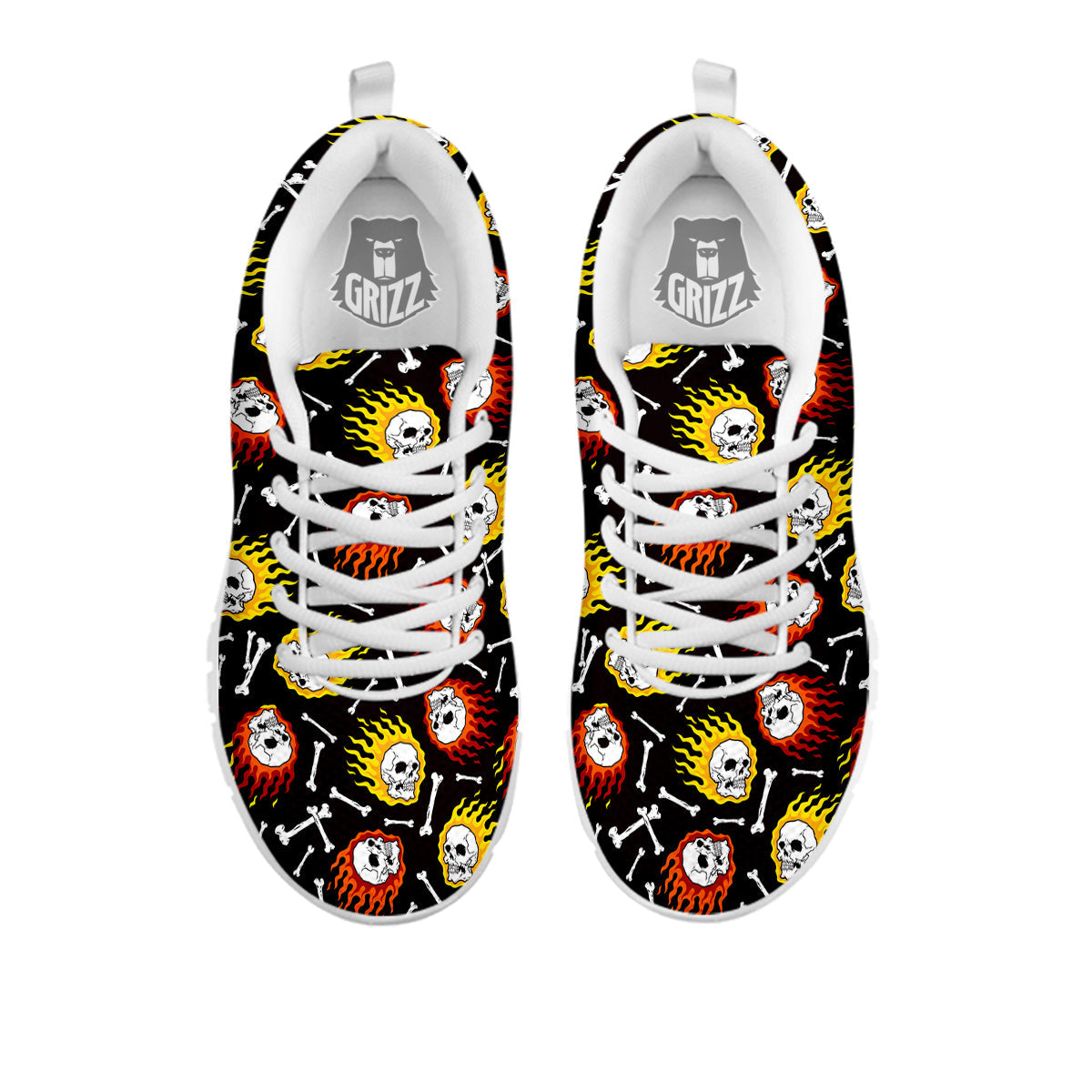 Flaming Skulls And Bone Print Pattern White Sneaker-grizzshop
