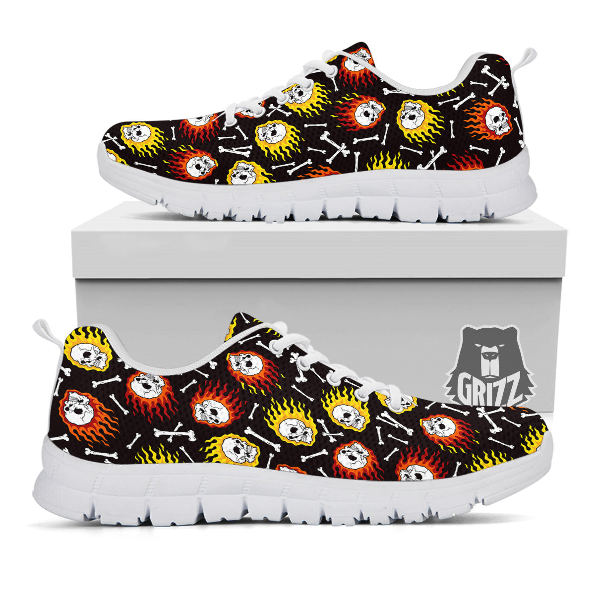 Flaming Skulls And Bone Print Pattern White Sneaker-grizzshop
