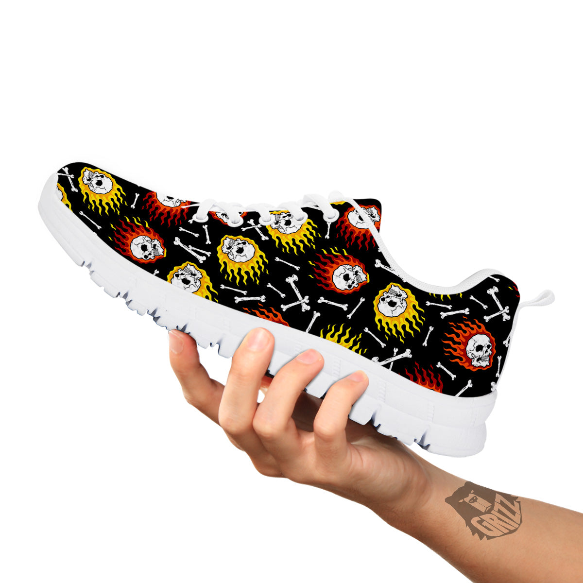 Flaming Skulls And Bone Print Pattern White Sneaker-grizzshop