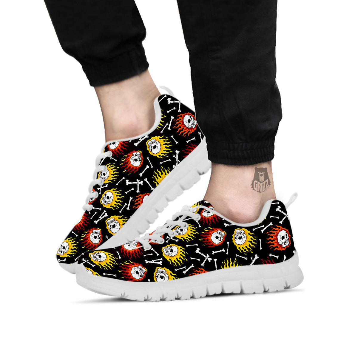 Flaming Skulls And Bone Print Pattern White Sneaker-grizzshop