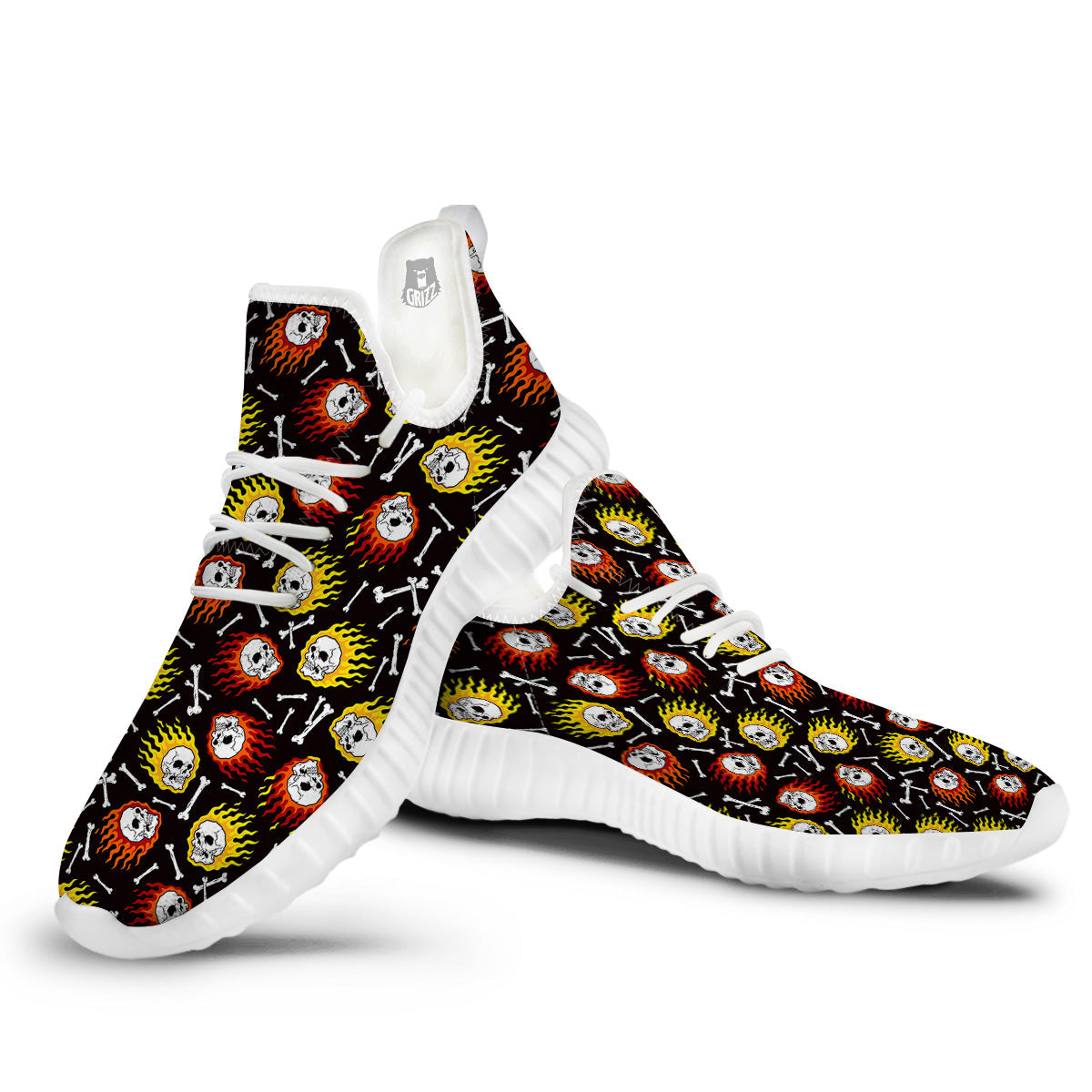 Flaming Skulls And Bone Print Pattern White Walking Shoes-grizzshop