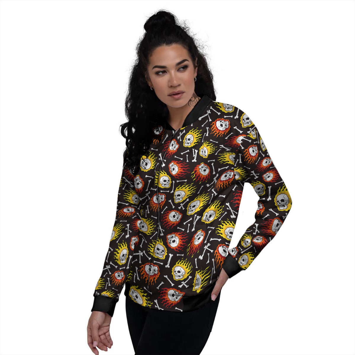 Flaming Skulls And Bone Print Pattern Women's Bomber Jacket-grizzshop